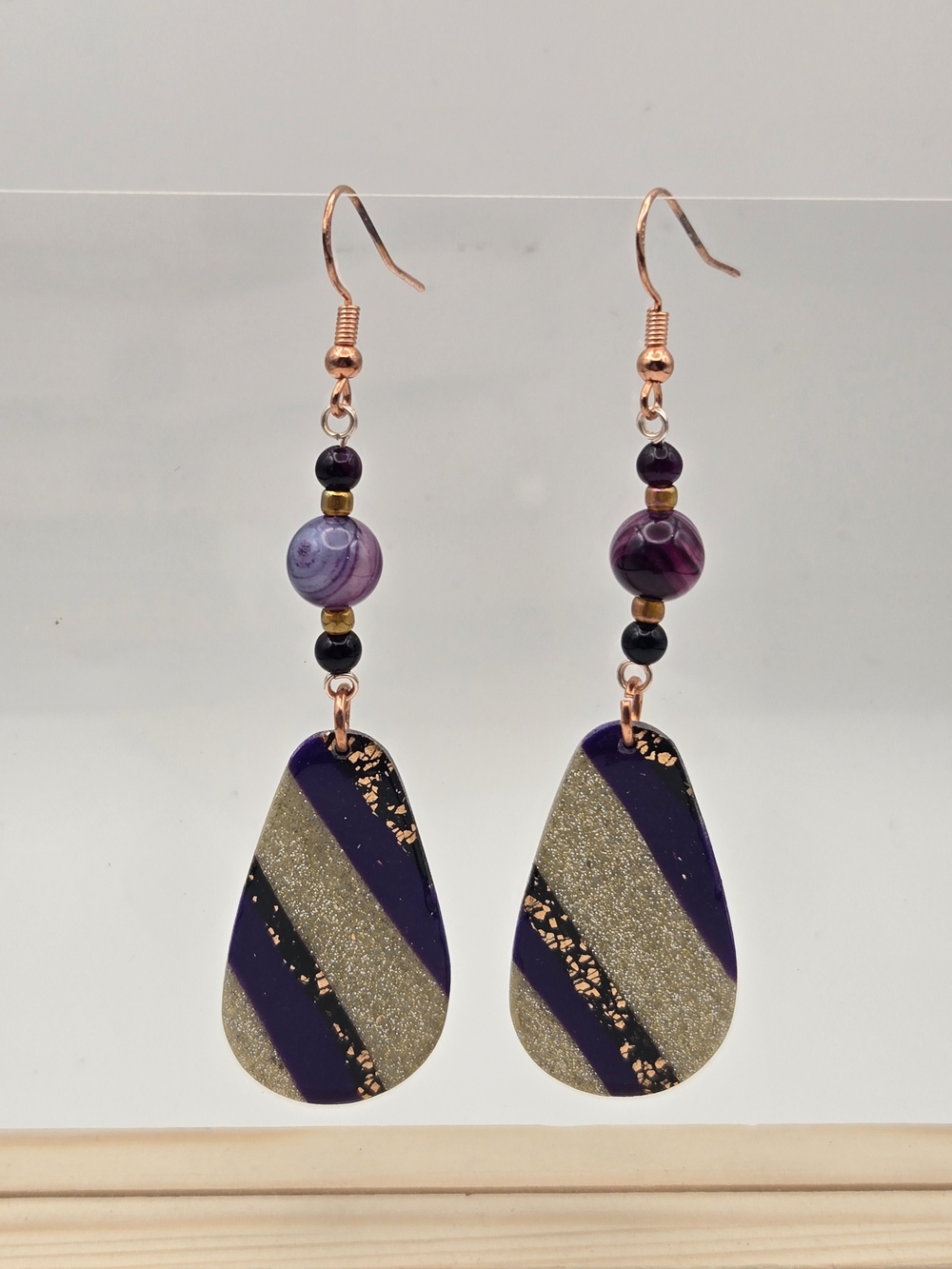 Purple and Gold Striped Drop Earrings for Women